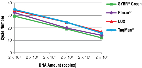 Standard curves constructed during amplification of PCV2 DNA using four different real-time PCR systems.